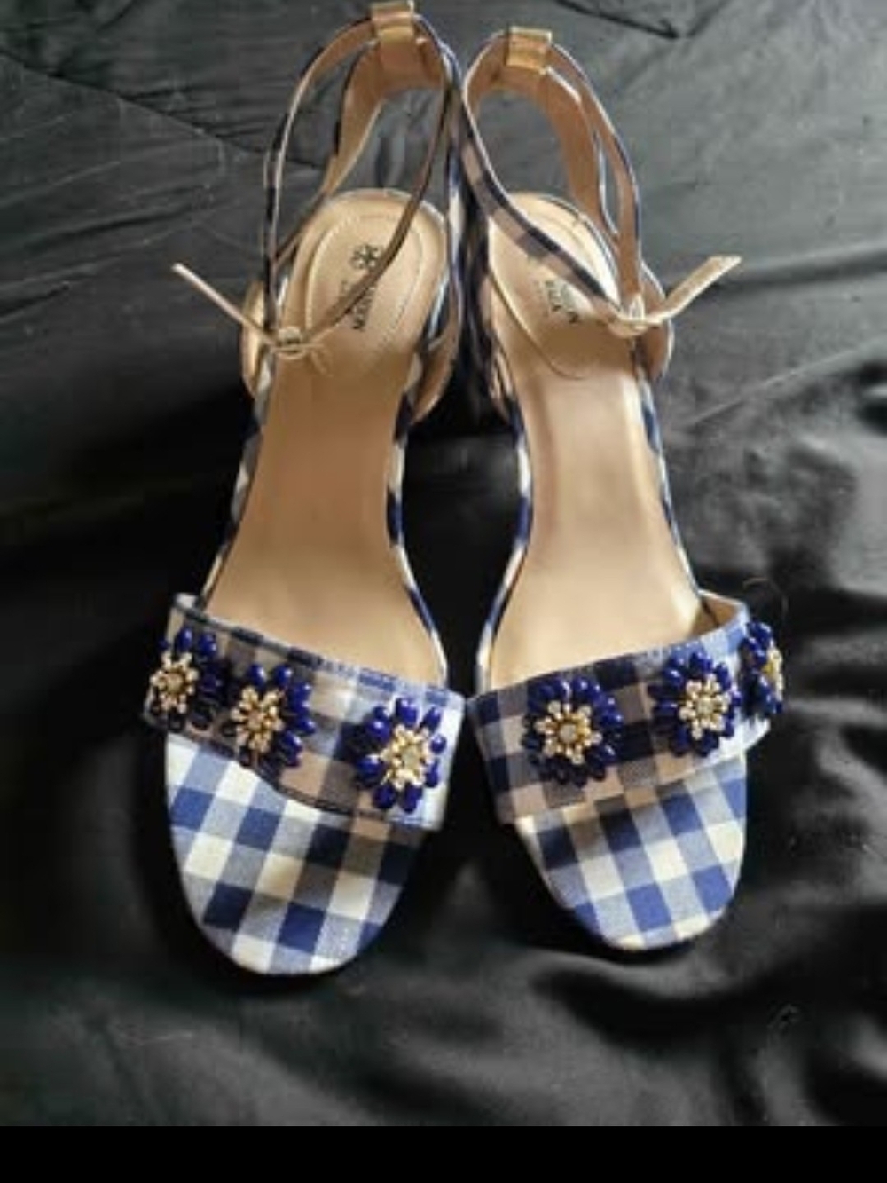 Avon Blue Gingham Beaded Slingback Heels
